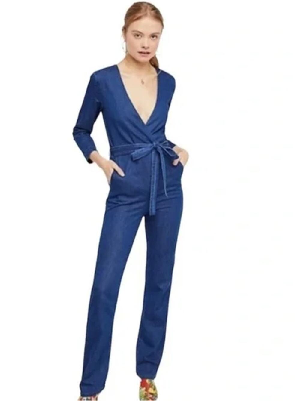 Free People x 3x1 Wrap Moxy Jumpsuit Straight Leg Belted Denim Long Sleeve Blue